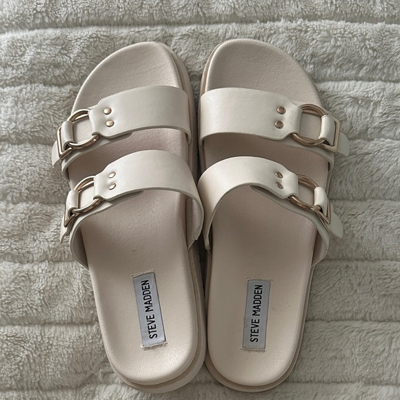 Steve Madden Shoes - Steve Madden Cream Double-Buckle Slide Sandals with Gold Hardware